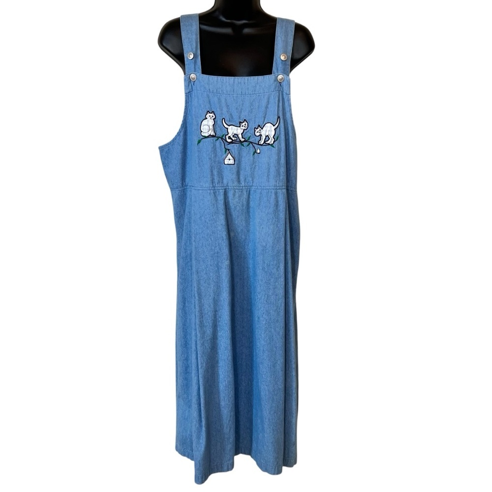 Vintage Two Twenty Cat Embroidered Denim Jumper Dress